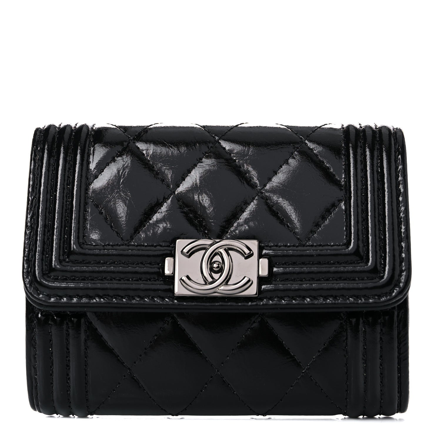 Chanel Distressed Patent Quilted Boy Flap Card Holder Wallet Black 1 of 11