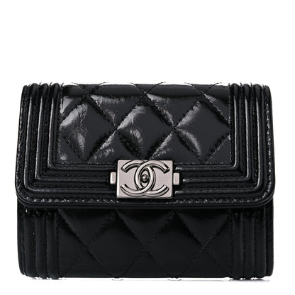 Chanel Distressed Patent Quilted Boy Flap Card Holder Wallet Black 1 of 11