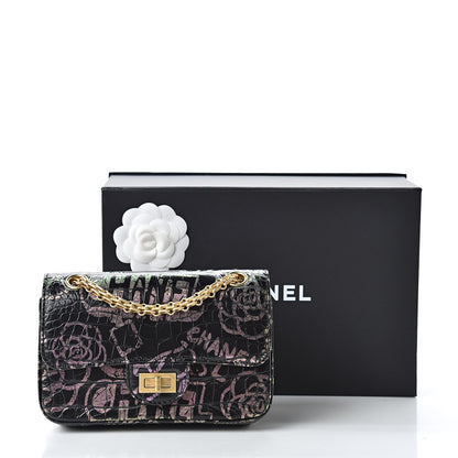 Chanel Calfskin Crocodile Embossed Graffiti 2.55 Mini Cocodile Reissue Flap Black Pink 11 of 11