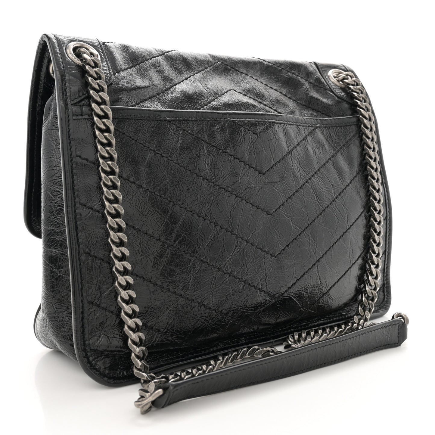 Crinkled Calfskin Matelasse Monogram Medium Niki Chain Satchel Black
