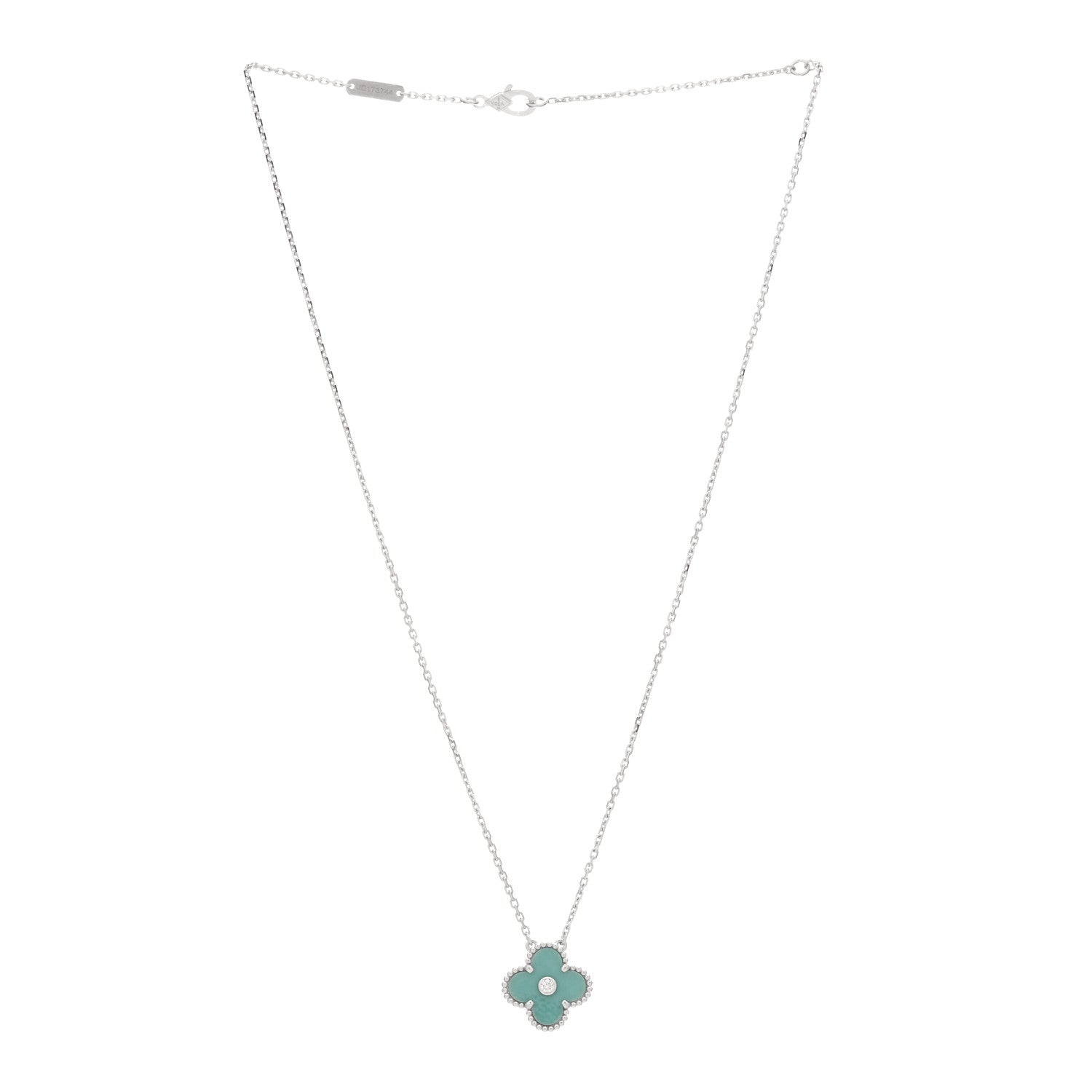 Van Cleef & Arpels 18K White Gold Diamond Celadon Green Sevres Porcelain Vintage Alhambra Pendant Necklace 2 of 3