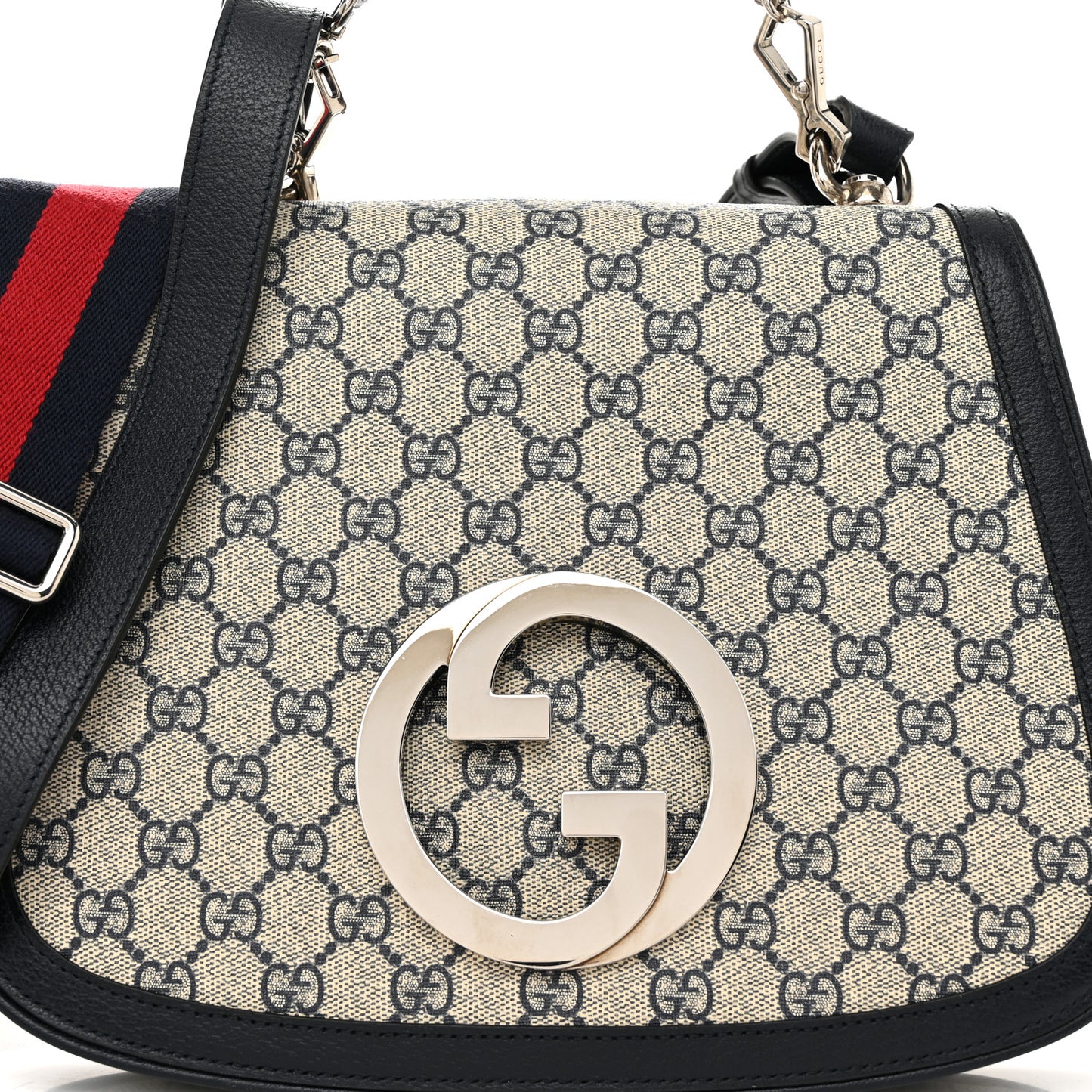 GG Supreme Monogram Textured Dollar Calfskin Web Medium Blondie Top Handle Shoulder Flap Bag Beige Blue