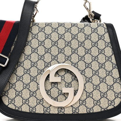 Gucci GG Supreme Monogram Textured Dollar Calfskin Web Medium Blondie Top Handle Shoulder Flap Bag Beige Blue 8 of 11