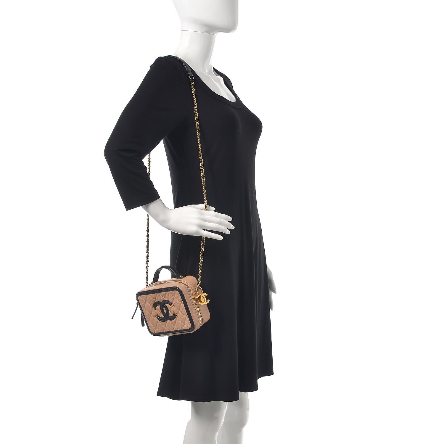 Chanel Caviar Quilted Small CC Filigree Vanity Case Beige Black 2 of 10