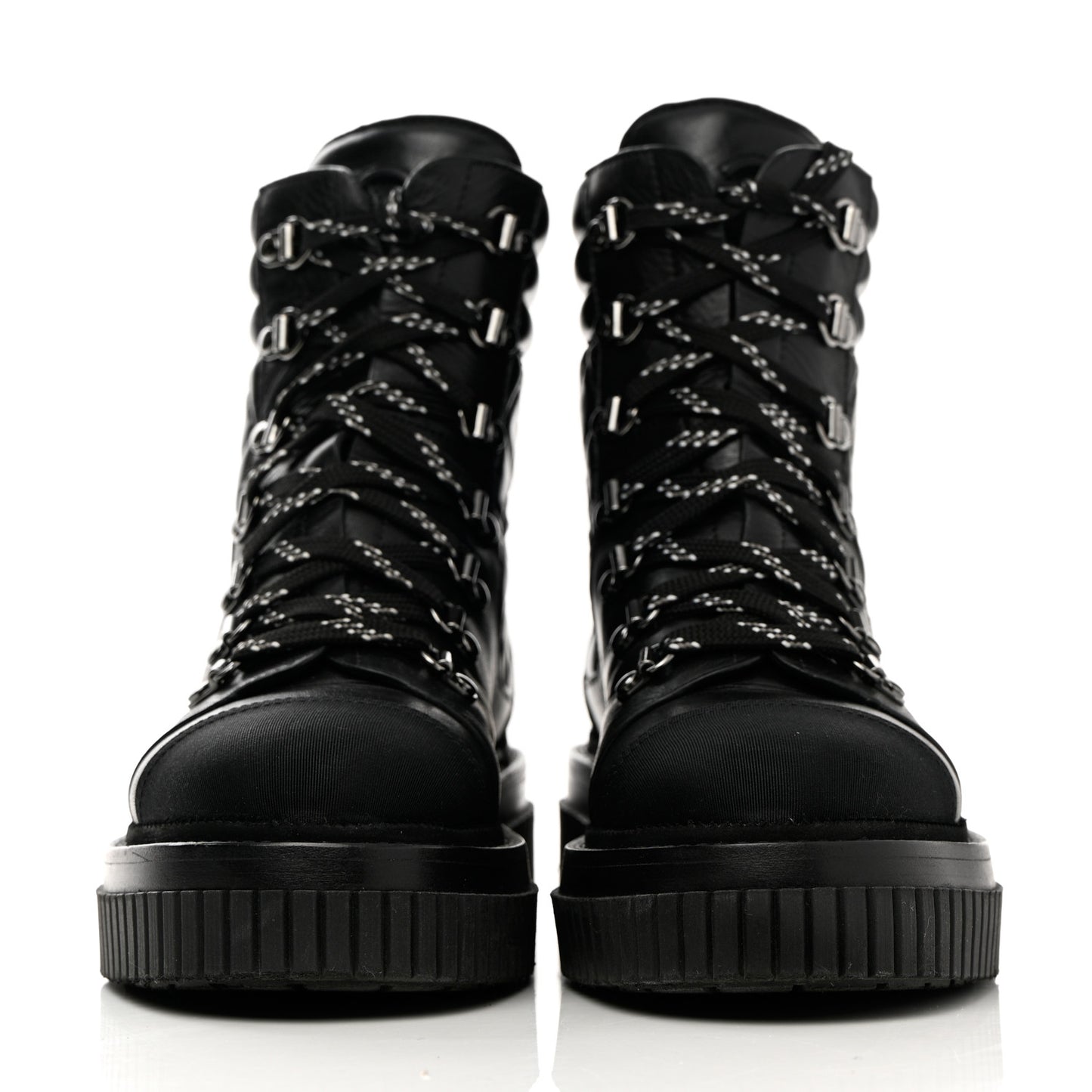 Calfskin Grosgrain Quilted Lace Up Boots 37 Black Grey