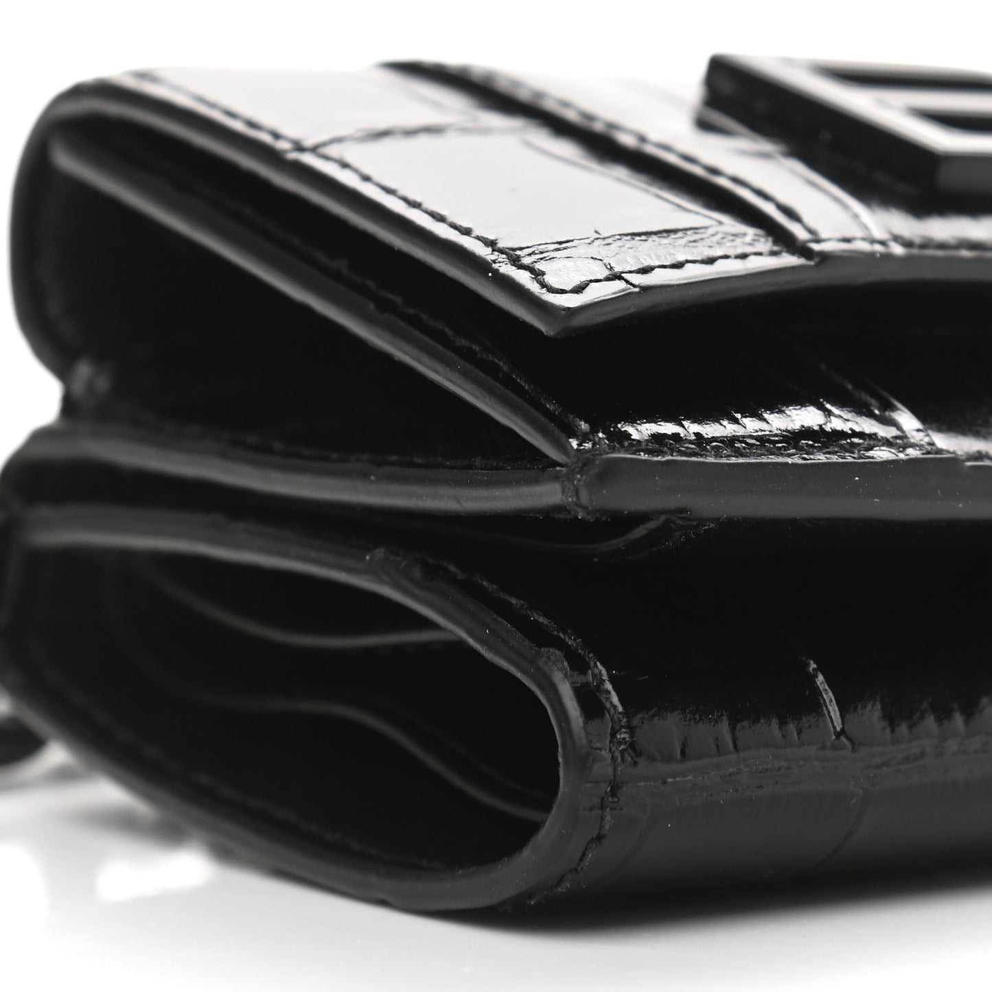 Shiny Calfskin Monochrome Crocodile Embossed Mini Hourglass Wallet on Chain Black