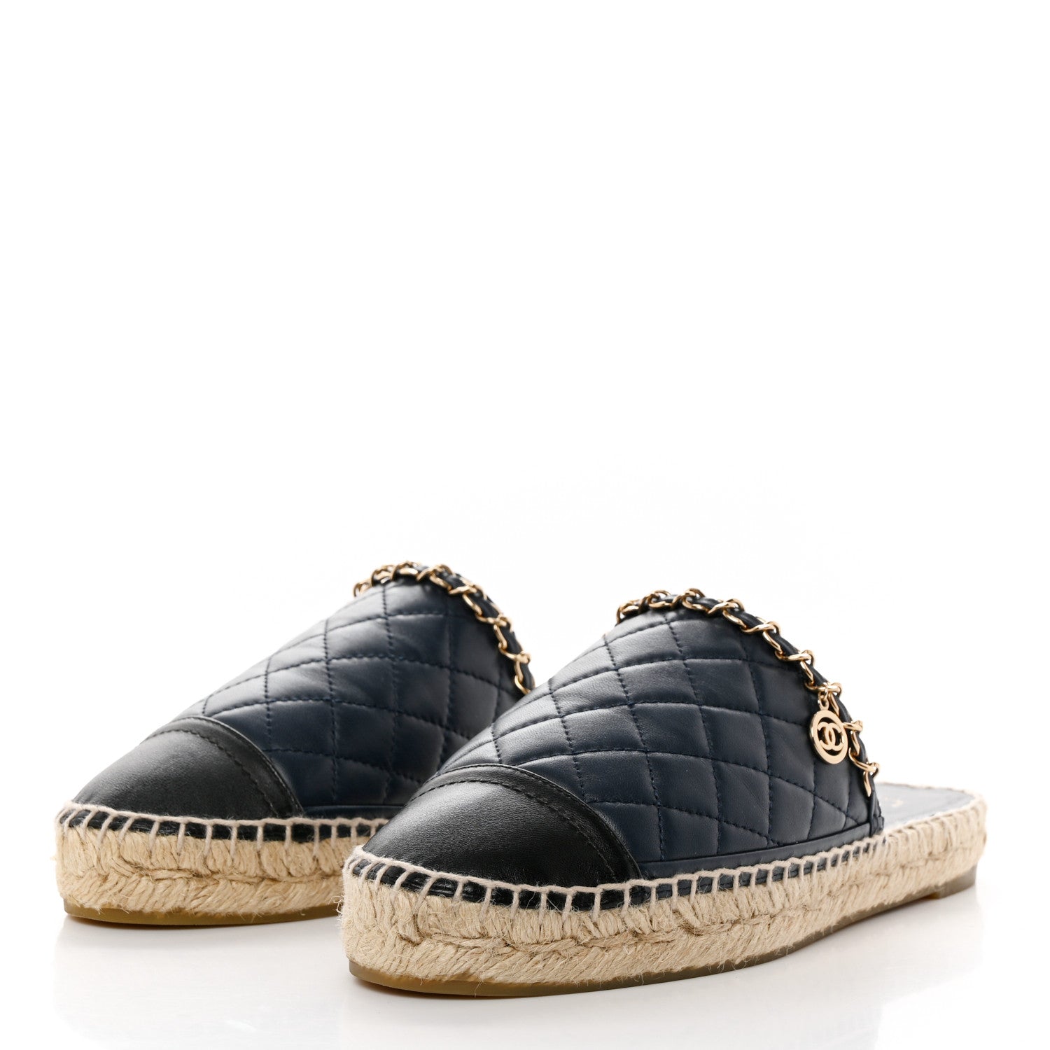 Chanel Lambskin Grosgrain Quilted CC Chain Espadrille Mules 37 Navy Black 3 of 10