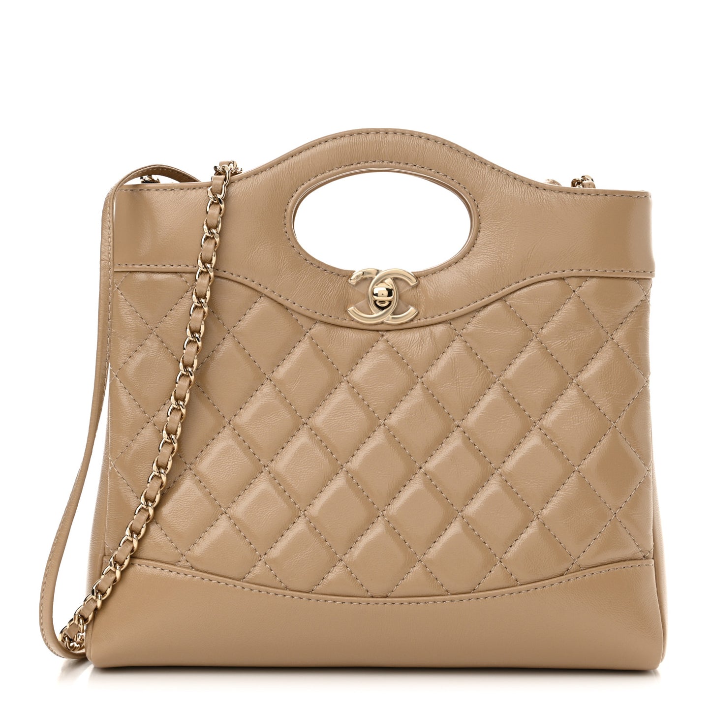 Shiny Crumpled Calfskin Quilted Mini 31 Shopping Bag Beige