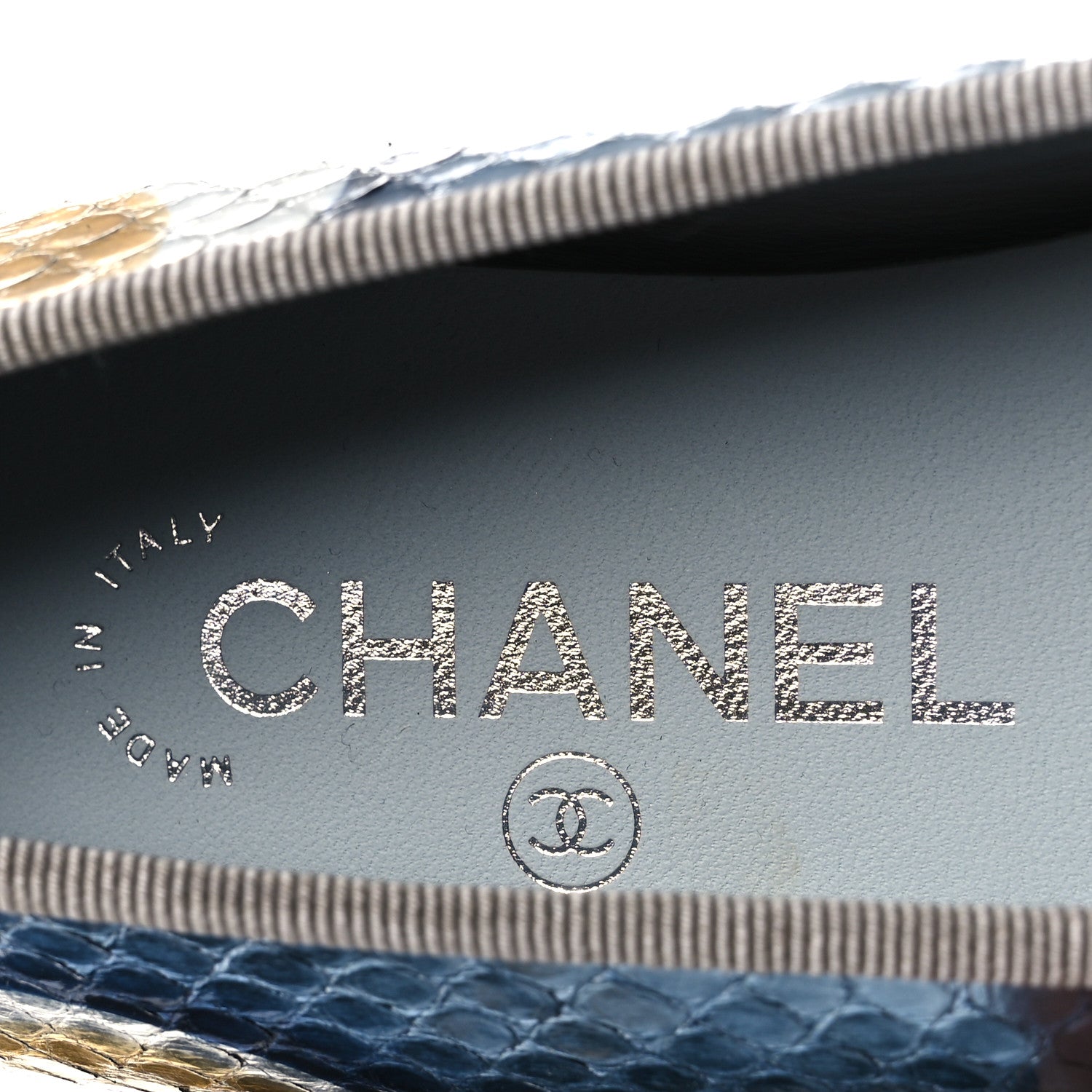 Chanel Snakeskin Patent Calfskin Cap Toe CC Ballerina Flats 37.5 Blue Multicolor 9 of 13