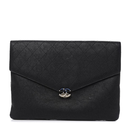 Chanel Caviar Quilted CC Box Flap Pouch Black Blue 1 of 8