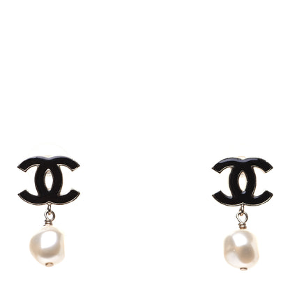 Chanel Pearl Enamel CC Drop Earrings Black Gold 1 of 8