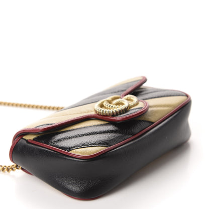 Gucci Vintage Effect Calfskin Matelasse Diagonal Striped Super Mini Torchon GG Marmont Shoulder Bag Black Beige 4 of 11