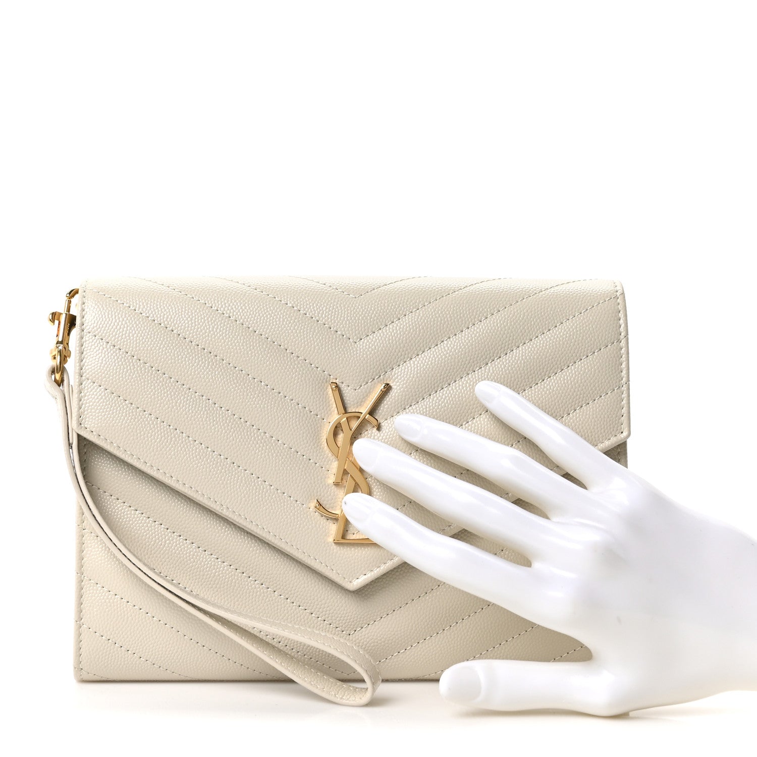 Saint Laurent Grain De Poudre Matelasse Chevron Monogram Envelope Clutch Crema Soft 2 of 10