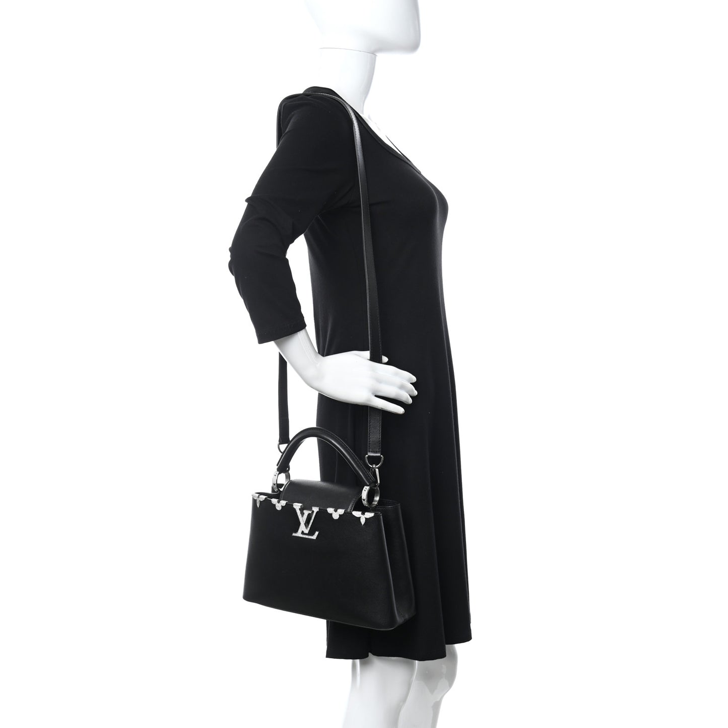 Smooth Calfskin Crystal Flowers Capucines BB Black