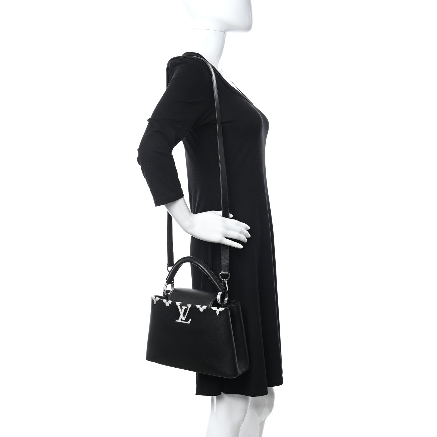 Louis Vuitton Smooth Calfskin Crystal Flowers Capucines BB Black 3 of 11