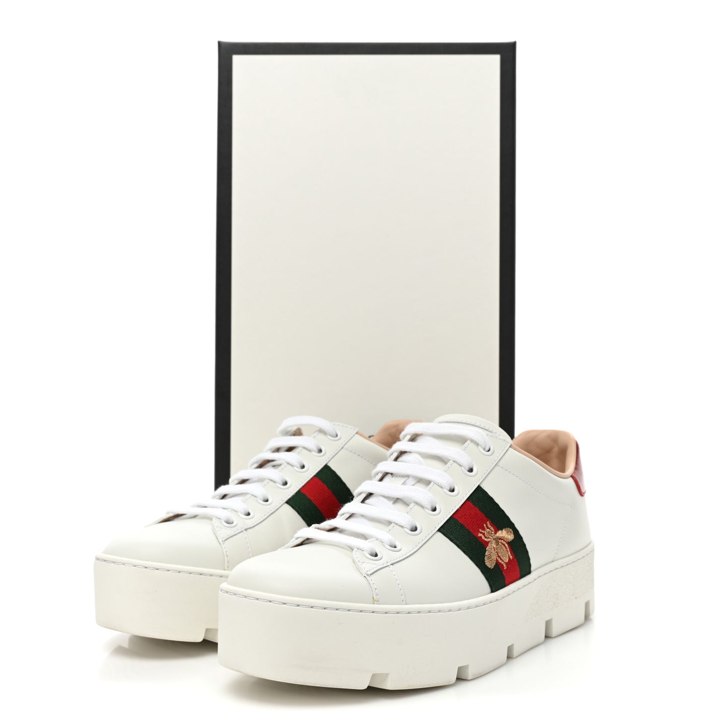 Calfskin Web Bee Embroidered Womens Ace Platform Sneakers 38 White