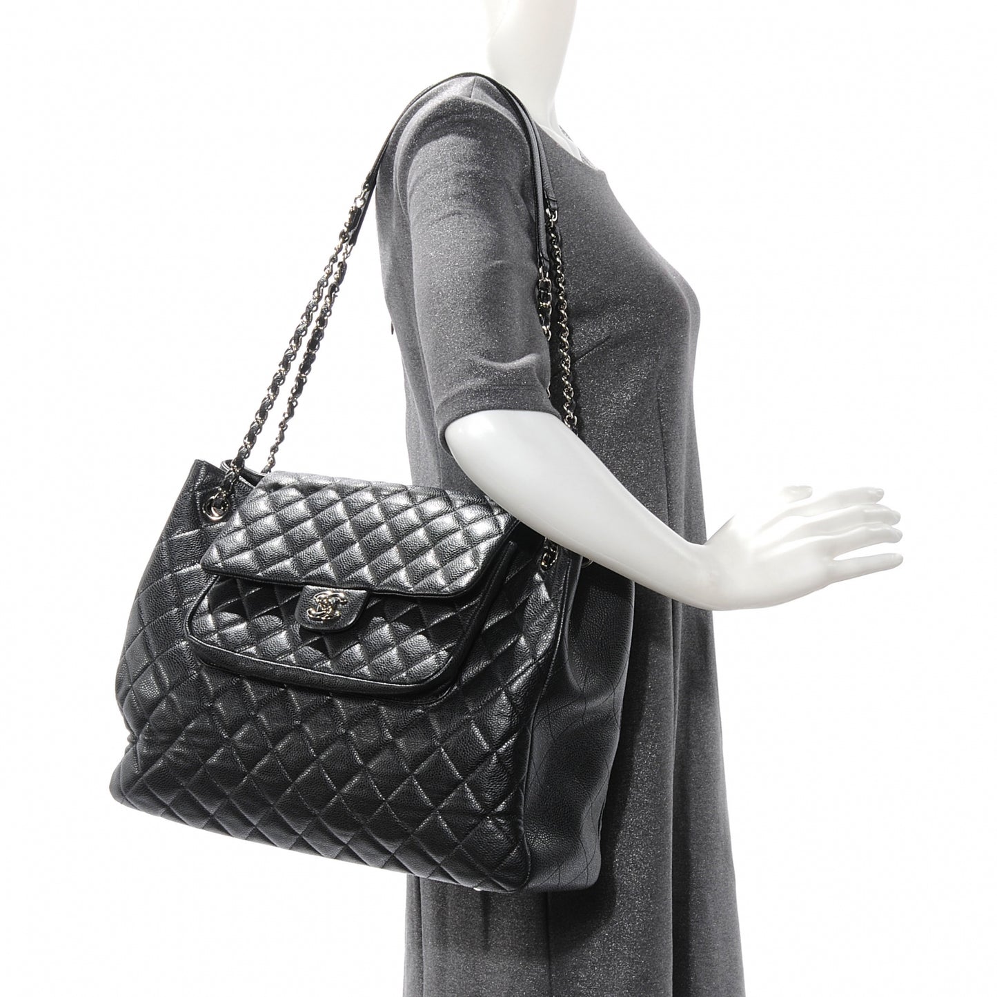Caviar Quilted Flap Tote Black