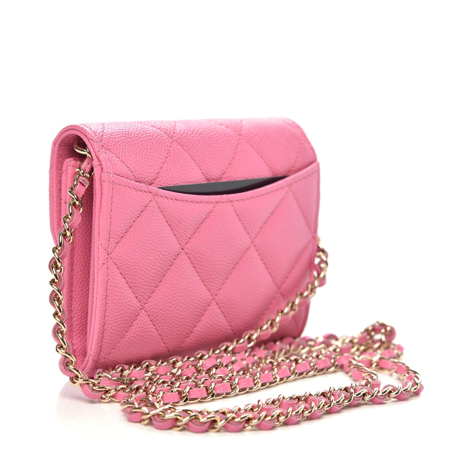Caviar Quilted Flap Card Holder On Chain Pink