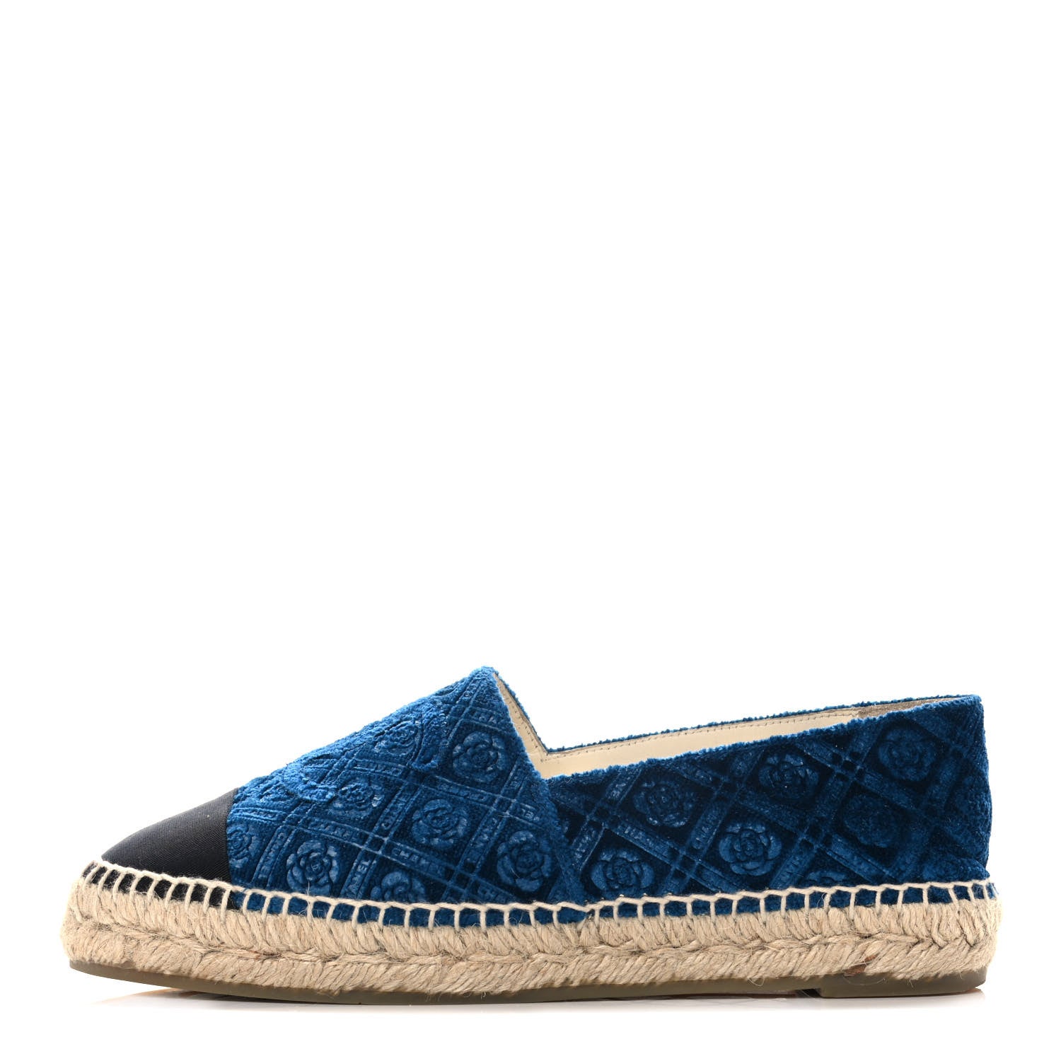 Chanel Velvet Grosgrain Quilted Camellia CC Espadrilles 38 Navy Black 1 of 10