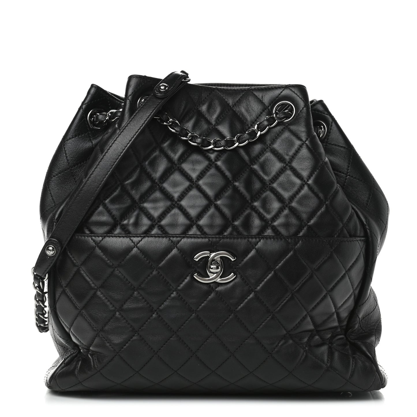Lambskin Quilted Large Drawstring Bag Black