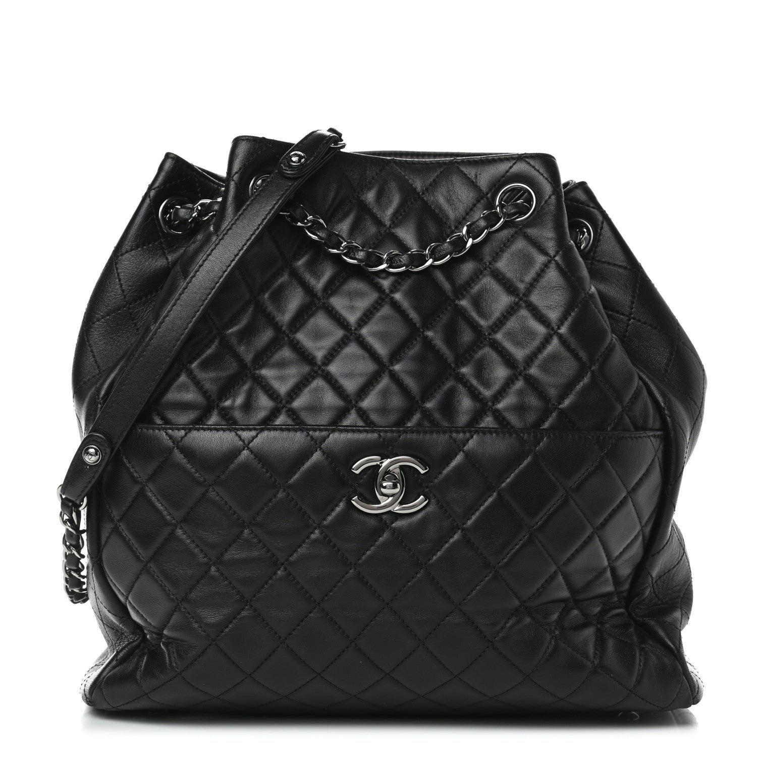 Chanel Lambskin Quilted Large Drawstring Bag Black 1 of 9
