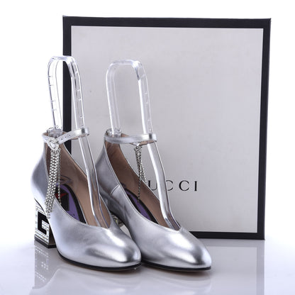Gucci Metallic Nappa Crystal Square G Mid Heel Pumps 37 Silver 9 of 9