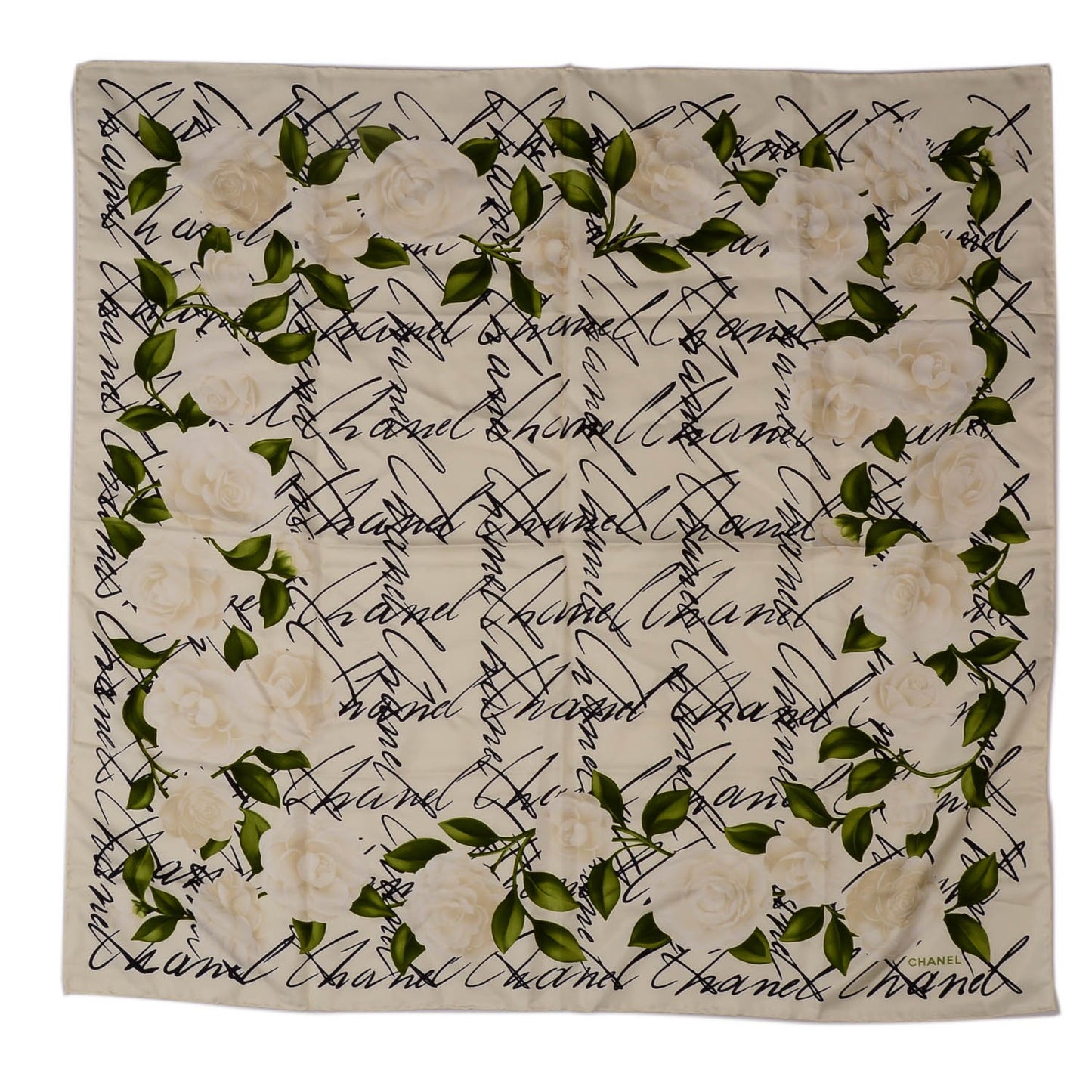 Silk Camellia Flower Square Scarf Ivory