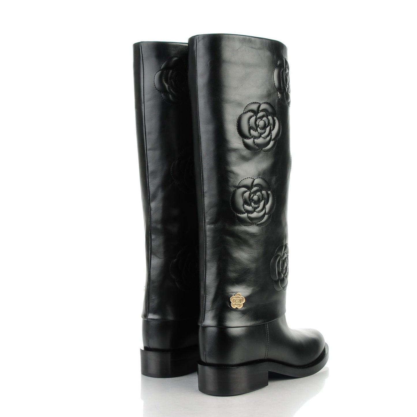 Calfskin Camellia High Boots 36 Black