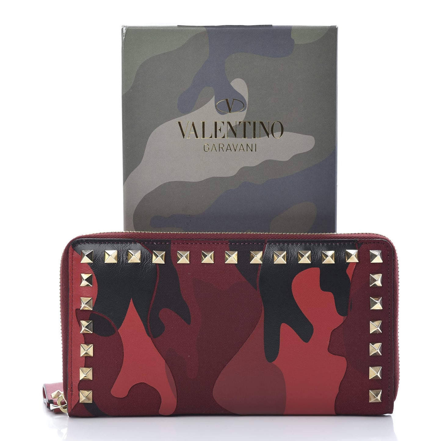 Canvas Calfskin Camouflage Rockstud Zip Around Wallet Red