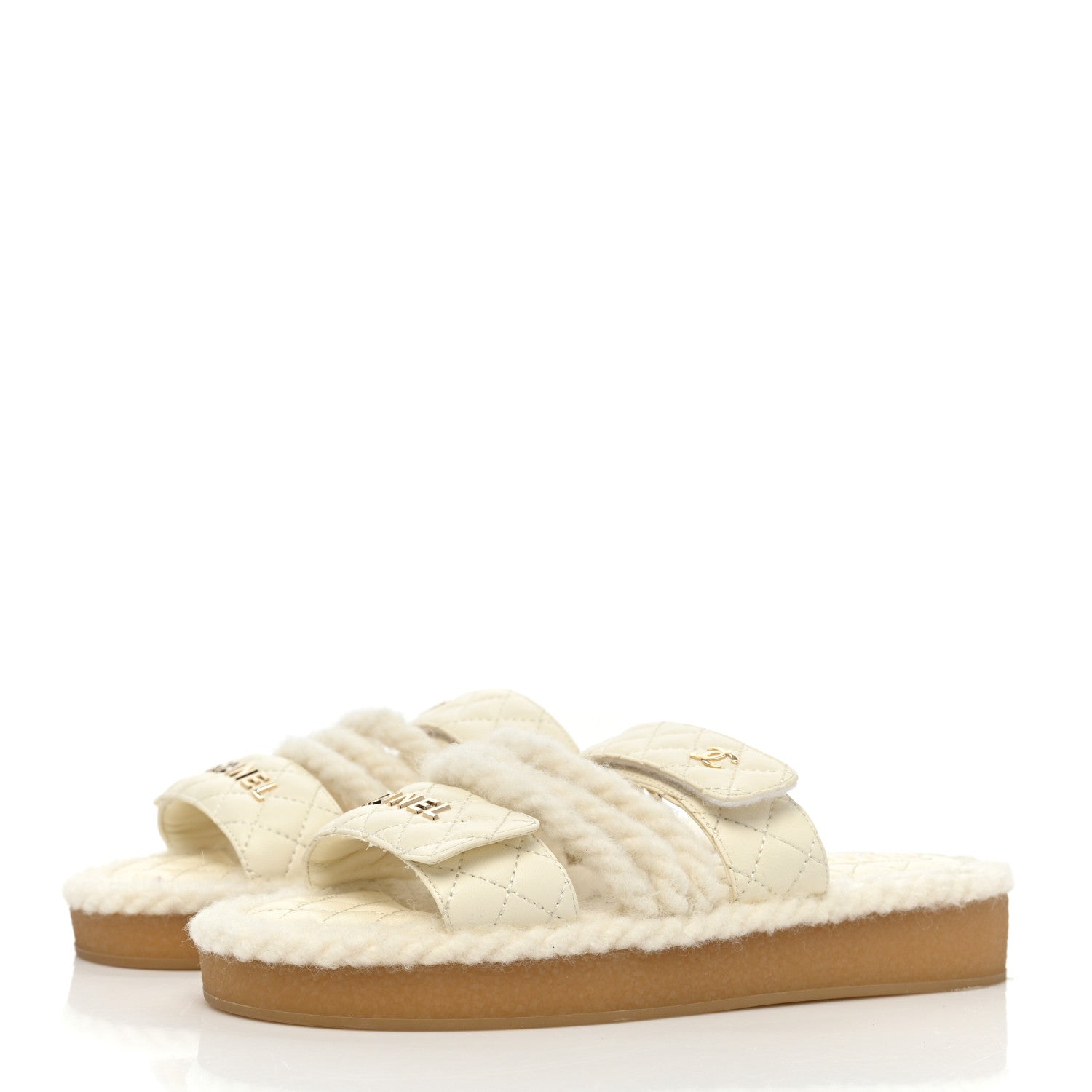 Chanel Cord Lambskin Quilted Logo Mules 37 Ivory 3 of 8