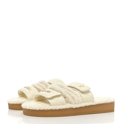 Chanel Cord Lambskin Quilted Logo Mules 37 Ivory 3 of 8