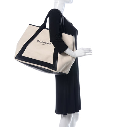 Balenciaga Cotton Canvas Calfskin M Navy Cabas Natural Black 2 of 9