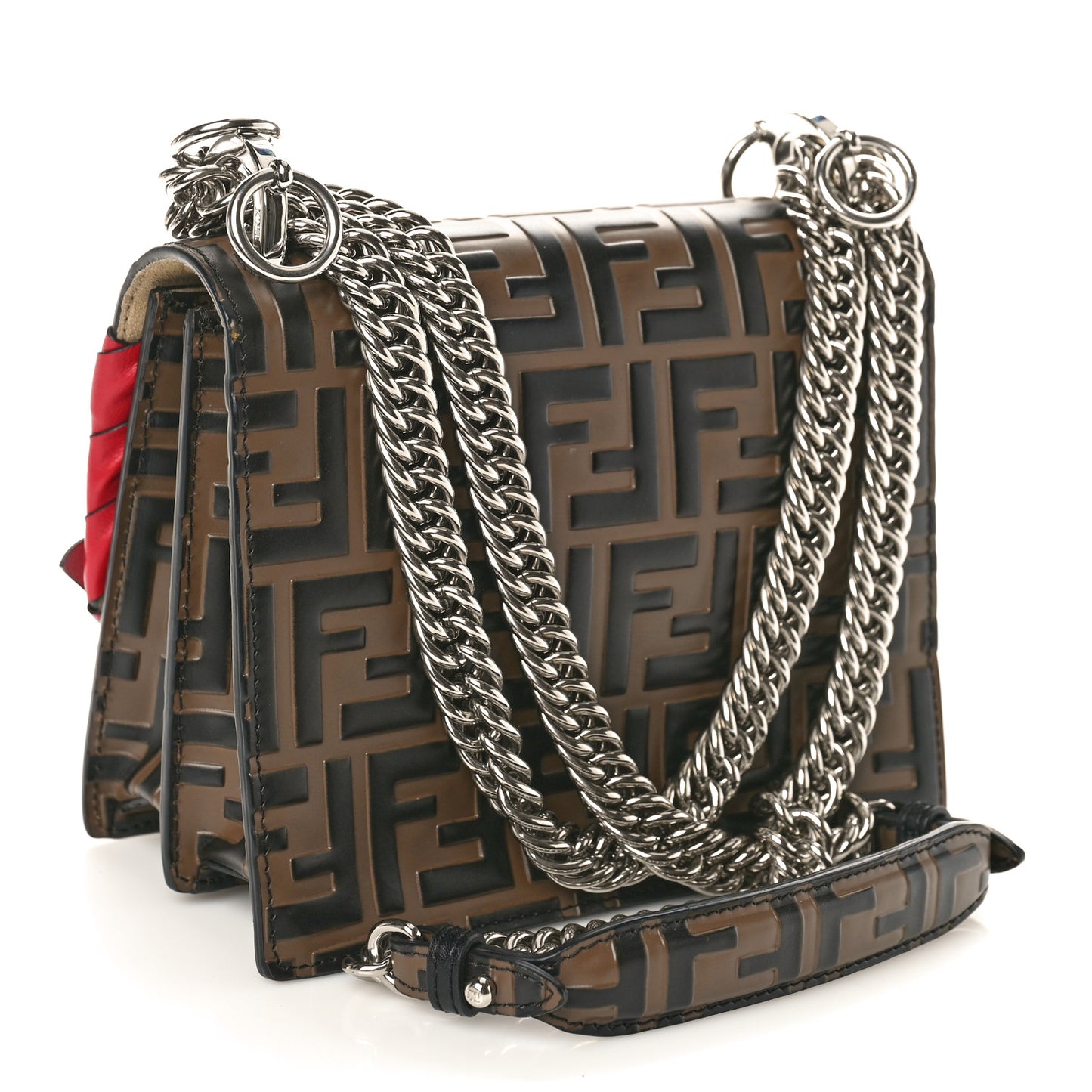 Vitello Shiny Nappa Bi-Color FF 1974 Lace Up Bow Embossed Small Kan I Shoulder Bag Maya Black Fragola