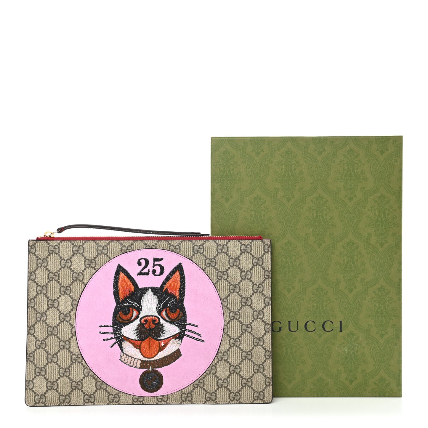 GG Supreme Monogram Bosco Patch Zip Pouch Beige Malva Hibiscus Red