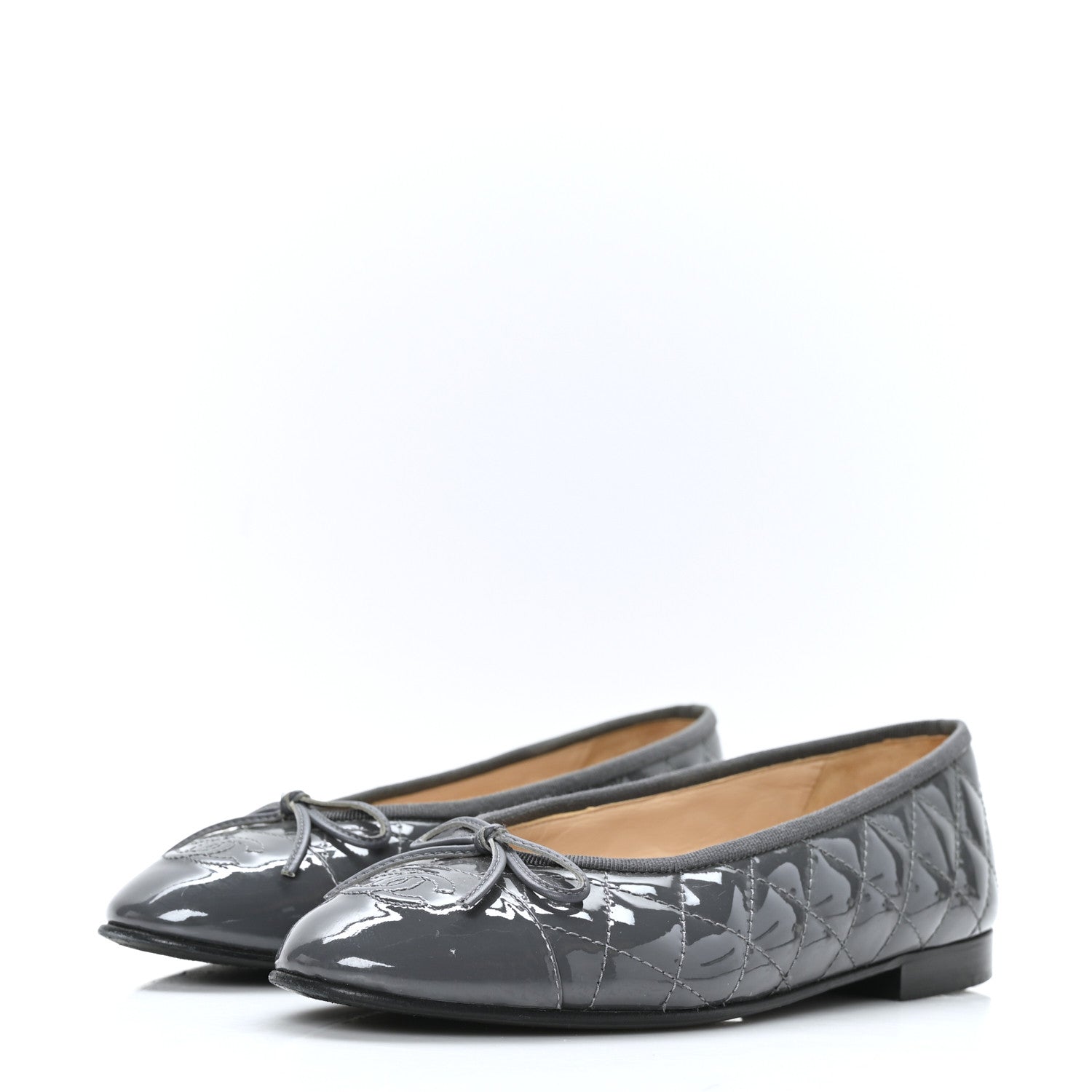 Chanel Patent Calfskin Quilted CC Cap Toe Ballerina Flats 37.5 Grey 3 of 9