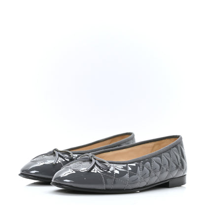 Chanel Patent Calfskin Quilted CC Cap Toe Ballerina Flats 37.5 Grey 3 of 9