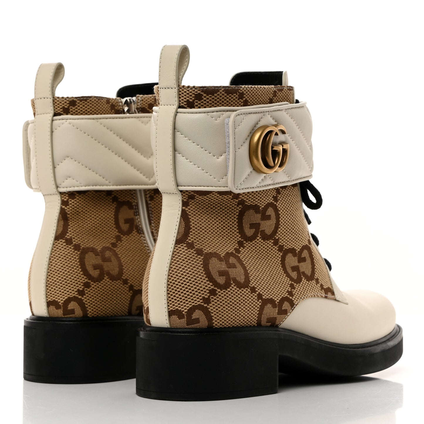 Flores Calfskin Monogram Maxi GG Nappa Matelasse Double G 40mm Ankle Boots 38.5 Mystic White Camel Ebony