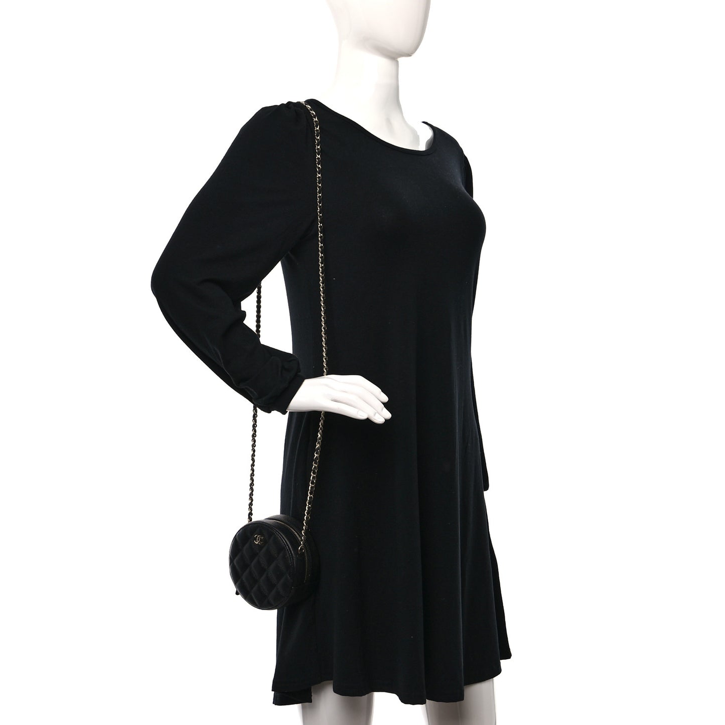 Caviar Quilted Round Clutch With Chain Black