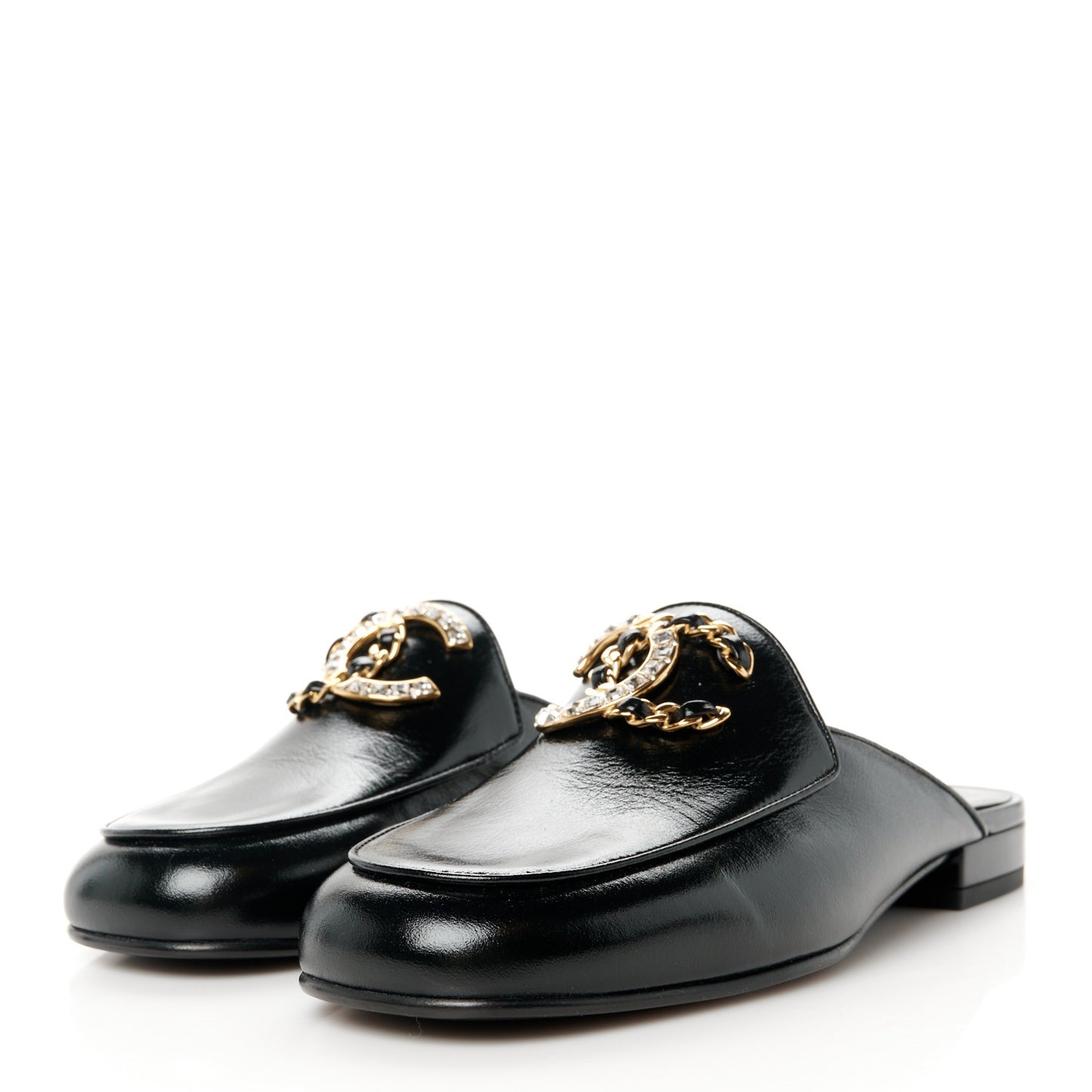 Shiny Calfskin Crystal CC Mules 36 Black