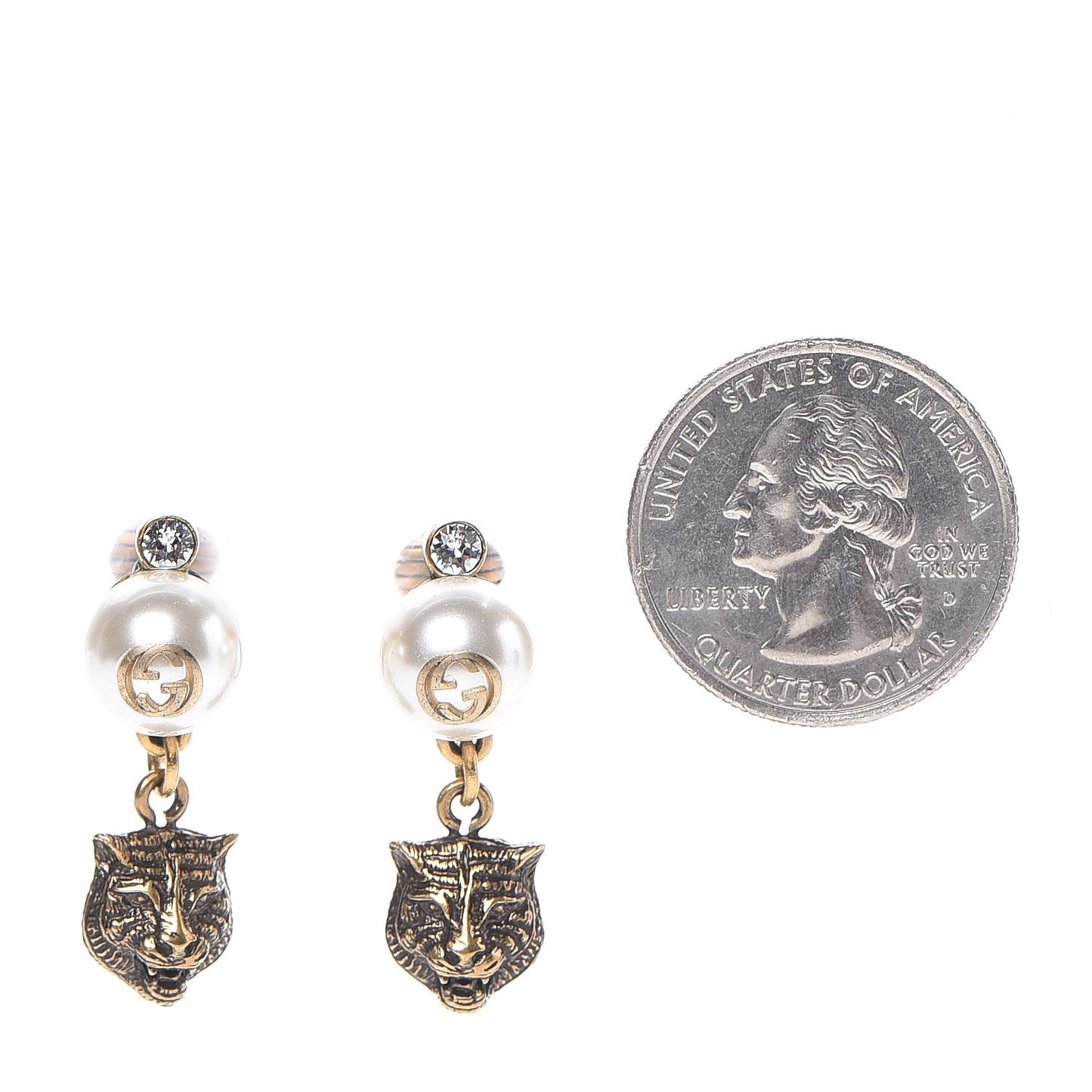 Metal Crystal Resin Pearl Feline Clip On Earrings Aged Gold