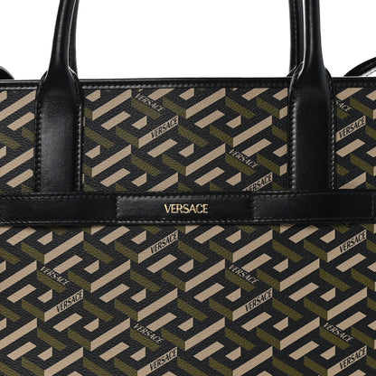 Versace Coated Canvas Calfskin La Greca Signature Tote Bag Black Khaki 7 of 9