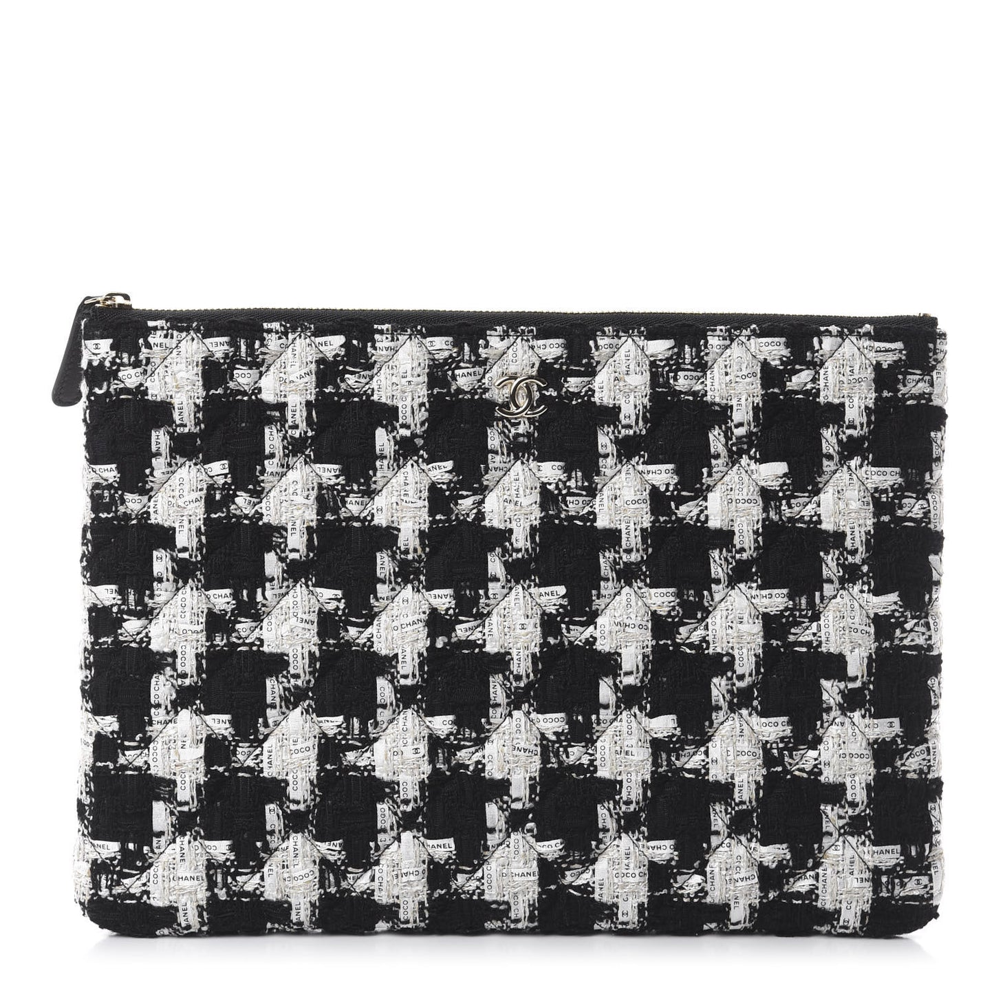 Tweed Quilted Medium Cosmetic Pouch Black Ecru White