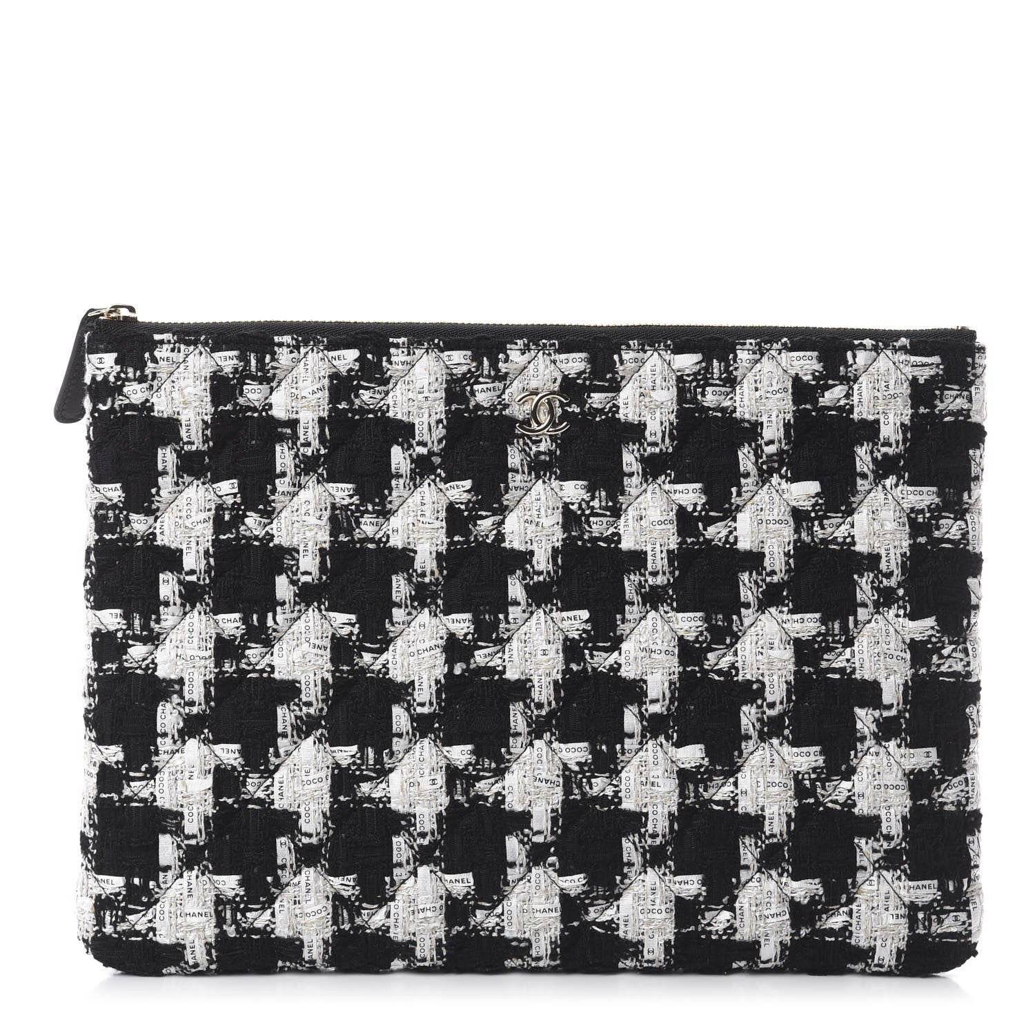 Chanel Tweed Quilted Medium Cosmetic Pouch Black Ecru White 1 of 7