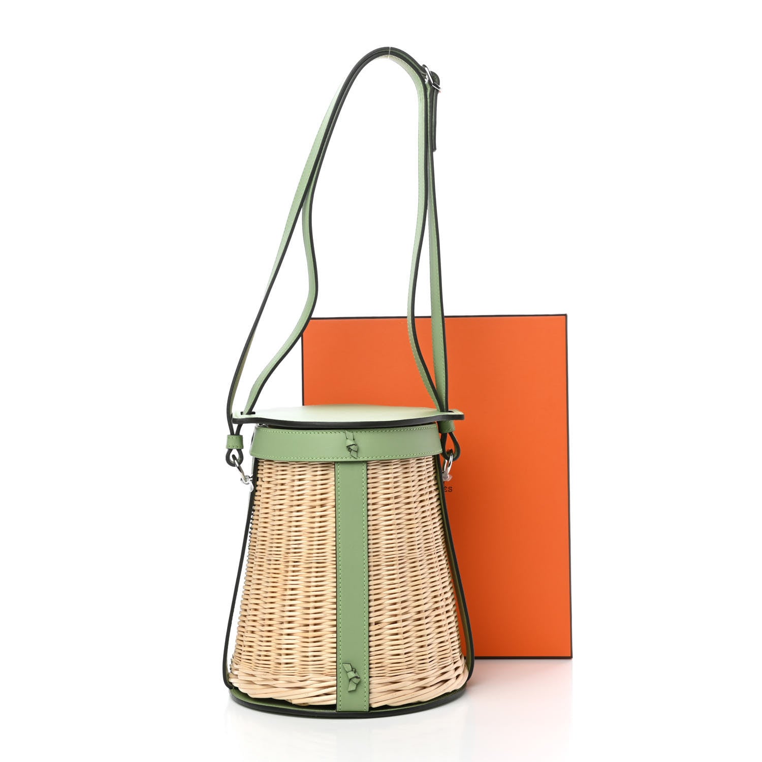 Hermes Swift Wicker Sac Farming Picnic Bag Naturel Vert Criquet 10 of 10