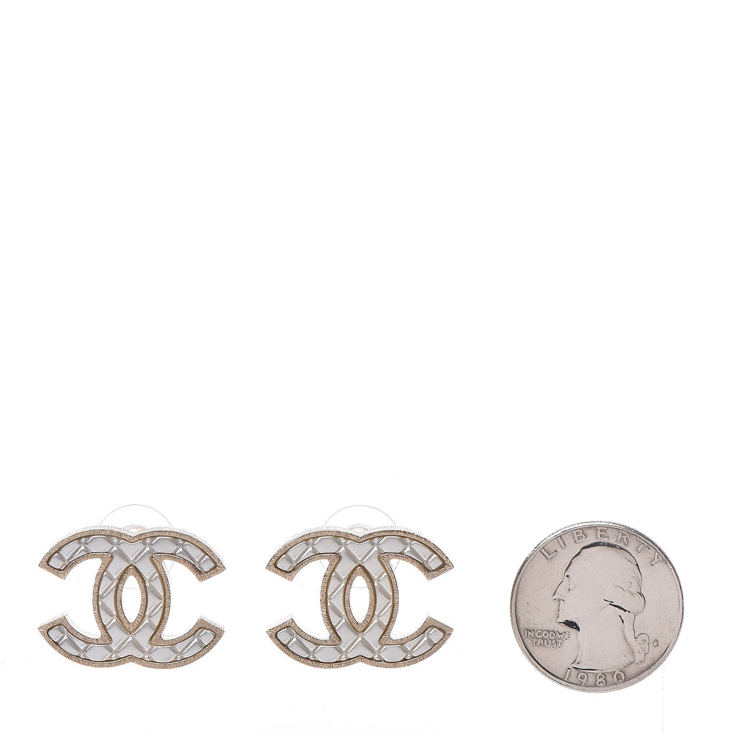 Metal Quilted CC Earrings Gold White