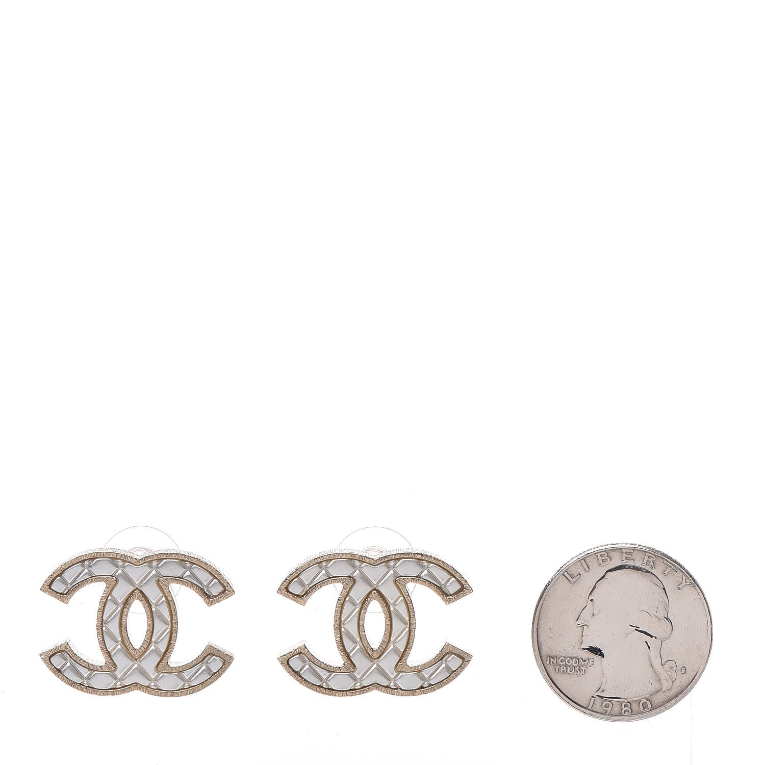 Chanel Metal Quilted CC Earrings Gold White 2 of 5