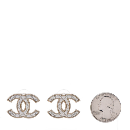 Chanel Metal Quilted CC Earrings Gold White 2 of 5