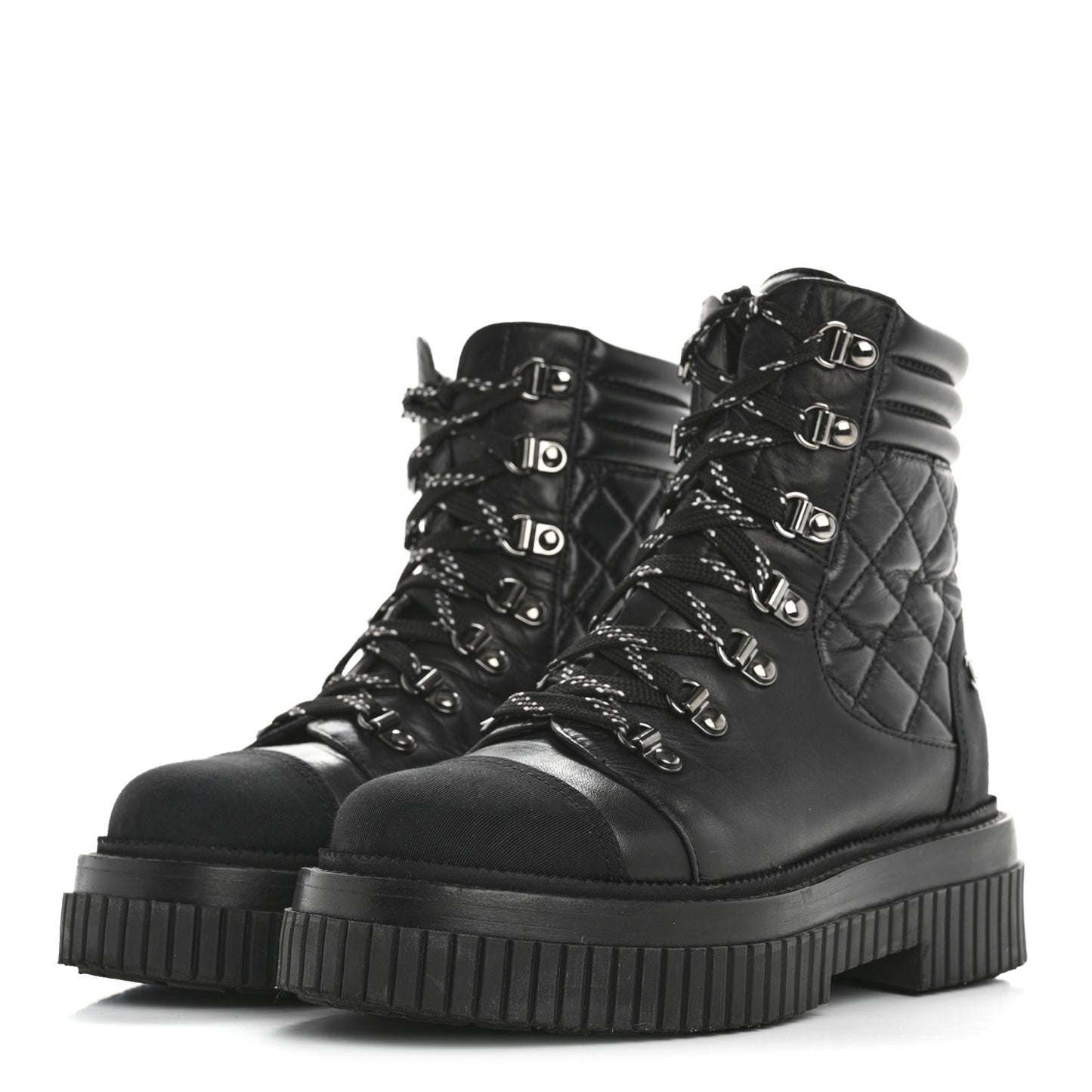 Calfskin Grosgrain Quilted Lace Up Boots 35.5 Black Grey