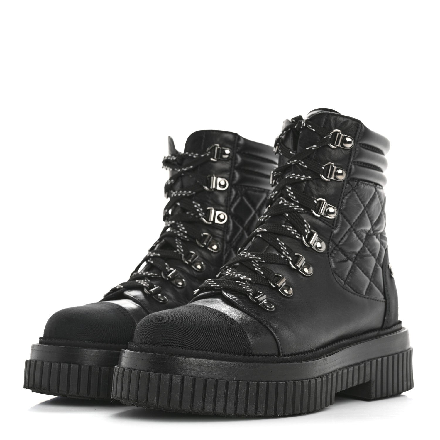 Chanel Calfskin Grosgrain Quilted Lace Up Boots 35.5 Black Grey 4 of 9