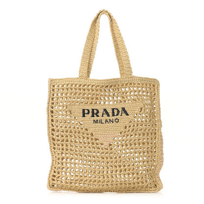 Prada Yarn Raffia Effect Crochet Logo Embroidered Tote Bag Naturale 1 of 9